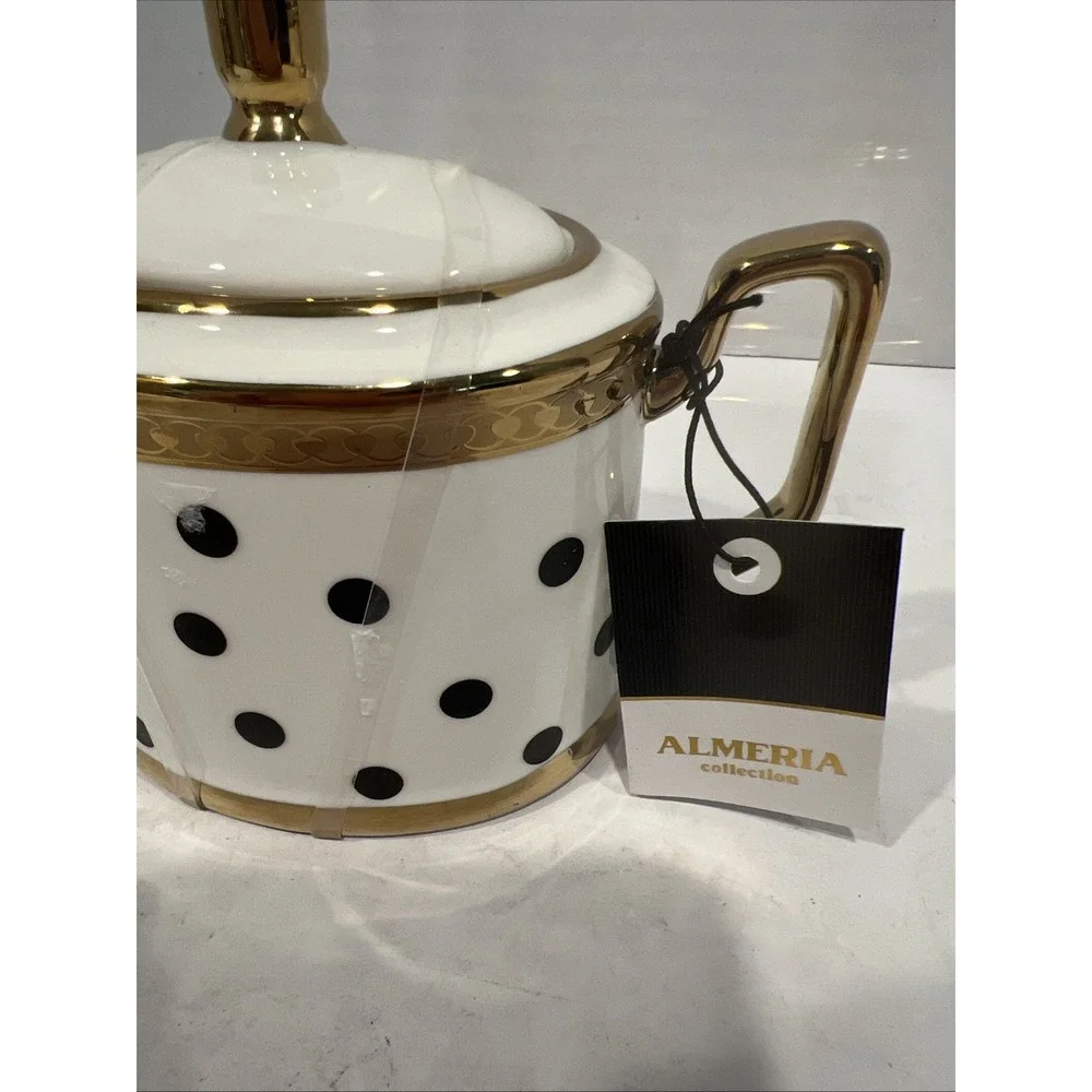 Almeria Collection White Black Polka Dot Sugar‎ Jar Gold Accents Lid New